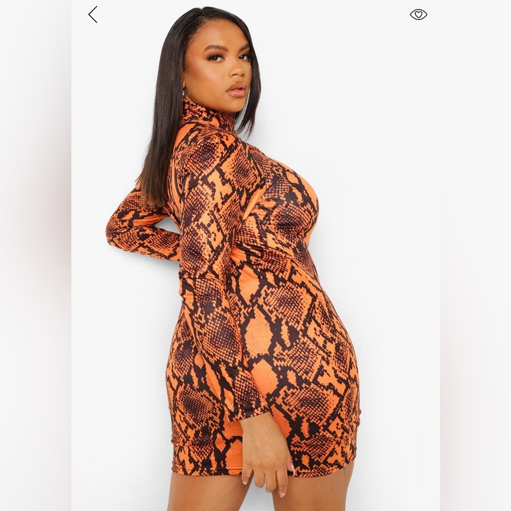 BOOHOO PLUS SIZE ORANGE SNAKE TURTLE NECK BODYCON DRESS - Picture 4 of 4